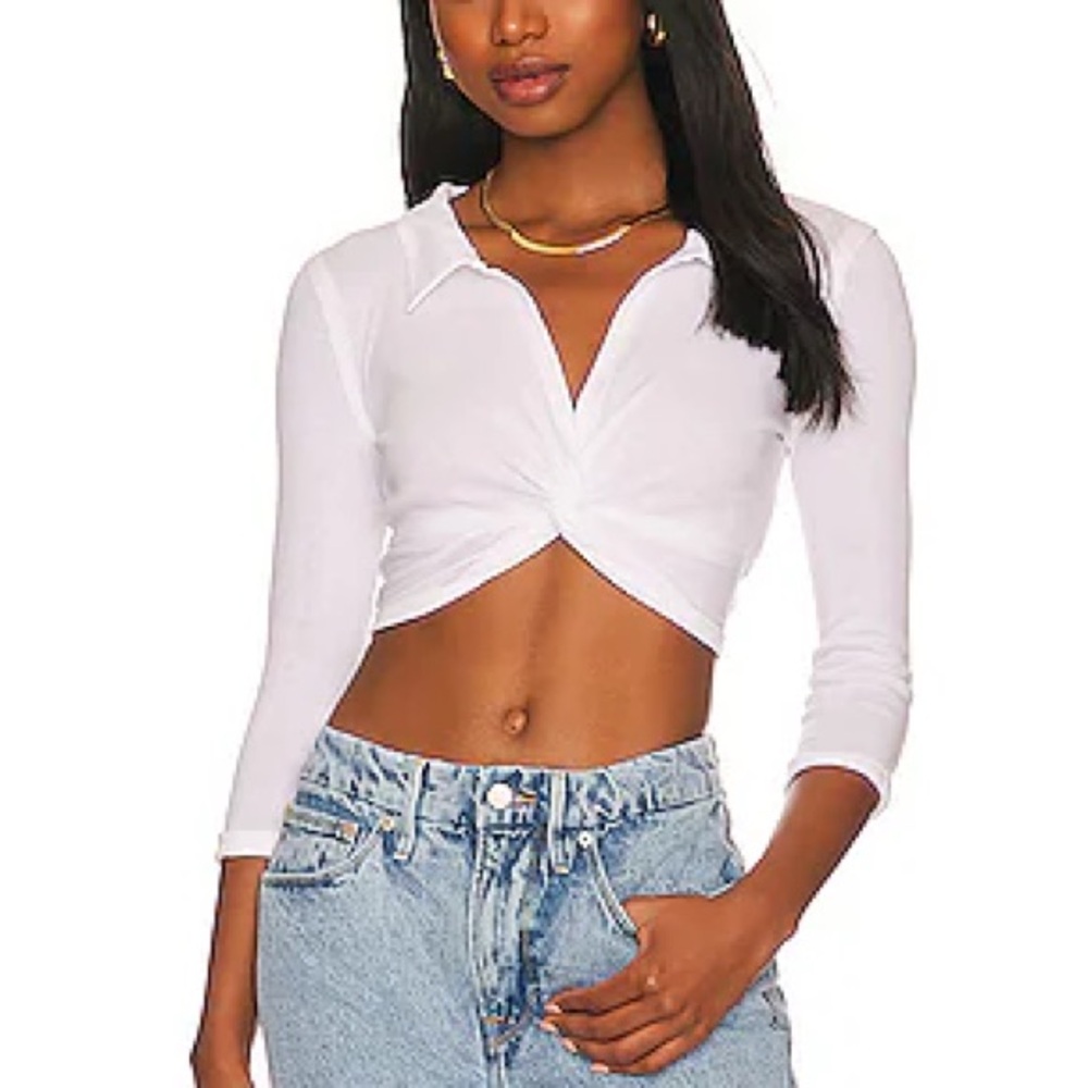 Free People X Revolve Summer Romance Polo White Notched Collar Crop Top